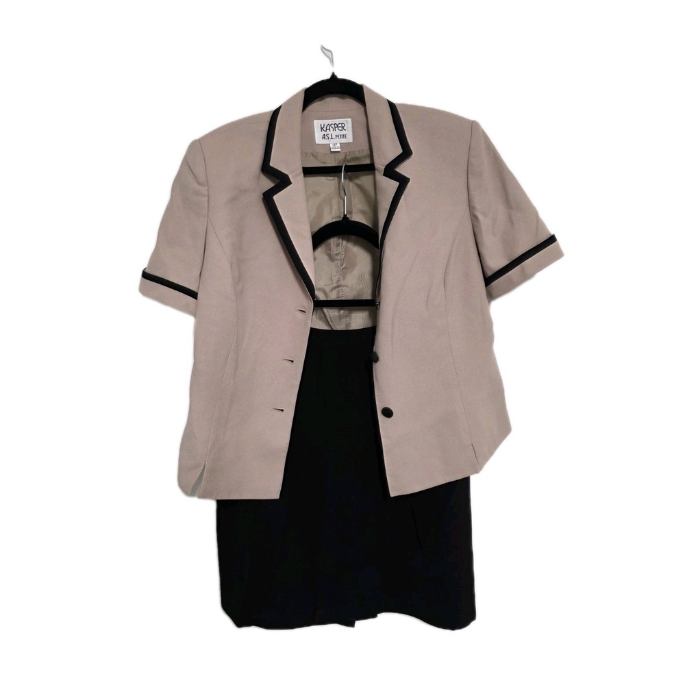🧥 Kasper A.S.L. Petite 2-Piece Skirt Suit Taupe/Black‎ Trim Career 14P 🖤